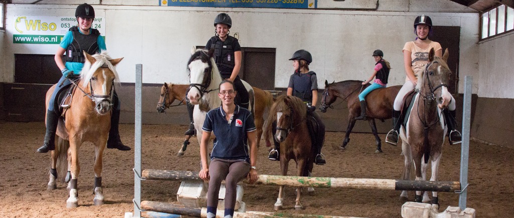 Een instructrice zit op een hindernisbalk in de binnenbak, met achter haar zes ruiters te paard.